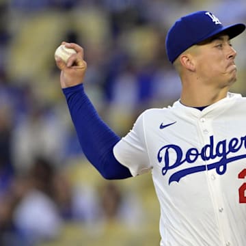 Apr 16, 2025; Los Angeles, California, USA;  Los Angeles Dodgers pitcher Bobby Miller (28) pitches in the first inning against the Colorado Rockies at Dodger Stadium. Mandatory Credit: Jayne Kamin-Oncea-Imagn Images