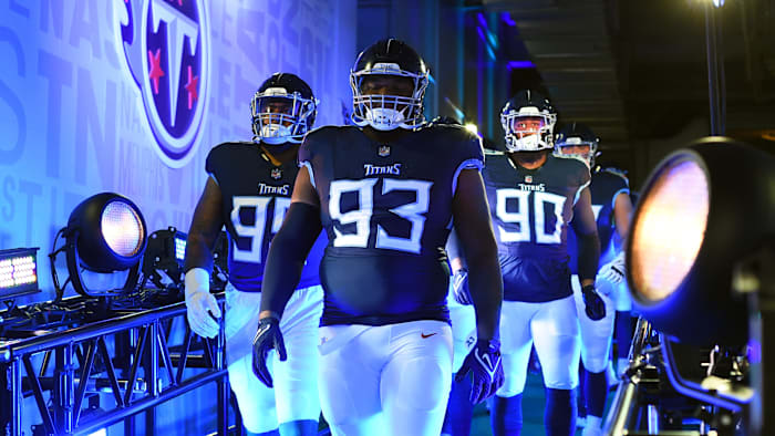 Nov 26, 2023; Nashville, Tennessee, USA; Tennessee Titans defensive tackle Teair Tart (93) leads