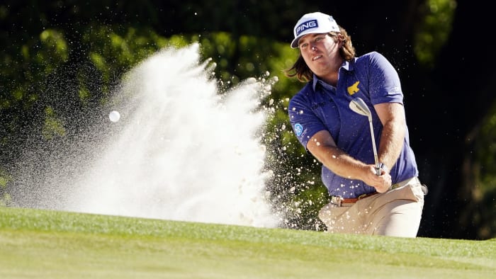 Apr 13, 2024; Augusta, Georgia, USA; Neal Shipley makes his second attempt to hit out of a bunker on