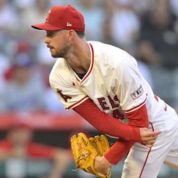 Sep 4, 2024; Anaheim, California, USA;  Los Angeles Angels starting pitcher Griffin Canning (47) delivers to the plate in the first inning against the Los Angeles Dodgers at Angel Stadium. Mandatory Credit: Jayne Kamin-Oncea-Imagn Images