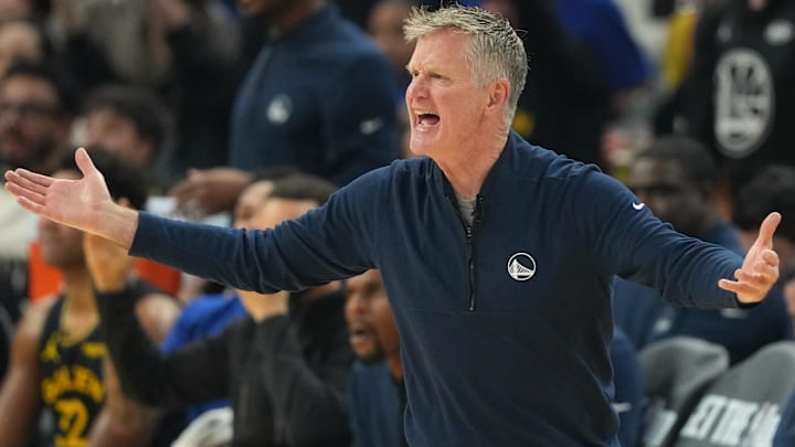 Jan 2, 2026; San Francisco, California, USA; Golden State Warriors head coach Steve Kerr reacts to a foul call during the first quarter against the Oklahoma City Thunder at Chase Center. Mandatory Credit: Darren Yamashita-Imagn Images
