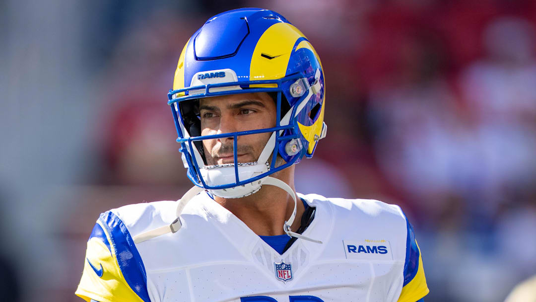 November 9, 2025; Santa Clara, California, USA; Los Angeles Rams quarterback Jimmy Garoppolo (11) warms up before the game against the San Francisco 49ers at Levi's Stadium. Mandatory Credit: Kyle Terada-Imagn Images