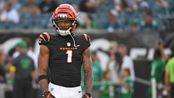 Aug 7, 2025; Philadelphia, Pennsylvania, USA; Cincinnati Bengals wide receiver Ja'Marr Chase (1) during warmups against the Philadelphia Eagles at Lincoln Financial Field. Mandatory Credit: Eric Hartline-Imagn Images