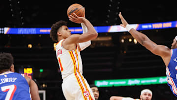 Oct 14, 2024; Atlanta, Georgia, USA; Atlanta Hawks forward Jalen Johnson (1) shoots against the Philadelphia 76ers in the third quarter at State Farm Arena. Mandatory Credit: Brett Davis-Imagn Images
