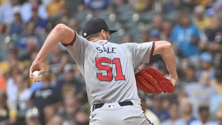 Atlanta Braves pitcher Chris Sale (51) delivers against the Milwaukee Brewers in the first inning at American Family Field on July 31.