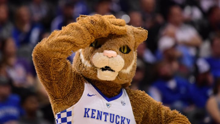 Mar 22, 2018; Atlanta, GA, USA; The Kentucky Wildcats mascot reacts during the second half against the Kansas State Wildcats in the semifinals of the South regional of the 2018 NCAA Tournament at Philips Arena. Mandatory Credit: Dale Zanine-USA TODAY Sports