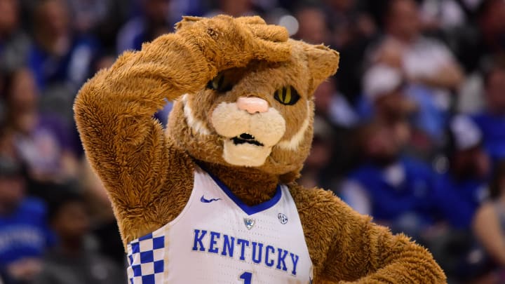 Mar 22, 2018; Atlanta, GA, USA; The Kentucky Wildcats mascot reacts during the second half against the Kansas State Wildcats in the semifinals of the South regional of the 2018 NCAA Tournament at Philips Arena. Mandatory Credit: Dale Zanine-USA TODAY Sports