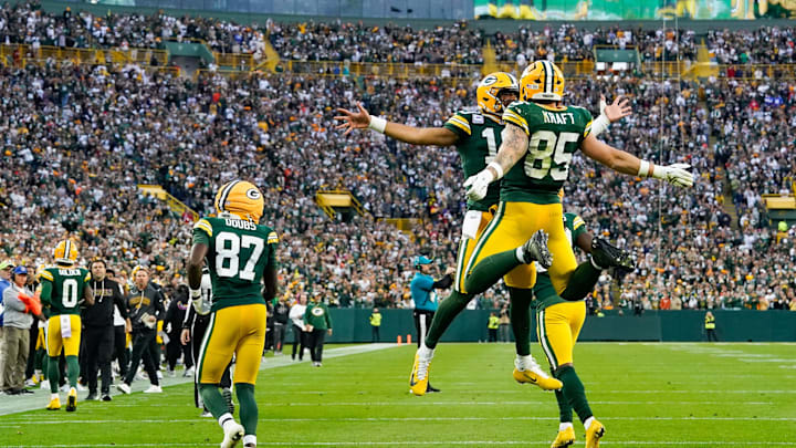Green Bay Packers tight end Tucker Kraft (85) celebrates a touchdown in the fourth quarter against the Cincinnati Bengals. Green Bay Packers tight end Tucker Kraft (85) celebrates a touchdown in the fourth quarter against the Cincinnati Bengals.