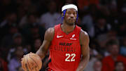Dec 8, 2024; Miami, Florida, USA;   Miami Heat forward Jimmy Butler (22) brings the ball up court against the Cleveland Cavaliers during the second half at Kaseya Center. Mandatory Credit: Rhona Wise-Imagn Images