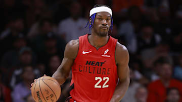 Dec 8, 2024; Miami, Florida, USA;   Miami Heat forward Jimmy Butler (22) brings the ball up court against the Cleveland Cavaliers during the second half at Kaseya Center. Mandatory Credit: Rhona Wise-Imagn Images