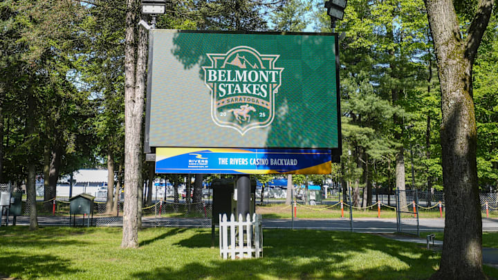 A Belmont Stakes sign outside the grandstands at Saratoga Race Course. Mandatory Credit: Gregory Fisher-Imagn Images