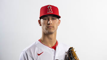 Feb 21, 2023; Tempe, AZ, USA; Los Angeles Angels pitcher Coleman Crow poses for a portrait during photo day at the teams practice facility. Mandatory Credit: Mark J. Rebilas-Imagn Images