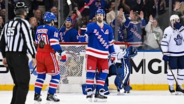 Mar 20, 2025; New York, New York, USA;  New York Rangers left wing Chris Kreider (20) celebrates his goal against the Toronto Maple Leafs during the third period at Madison Square Garden. Mandatory Credit: Dennis Schneidler-Imagn Images