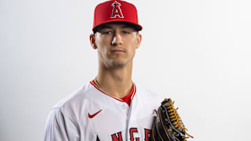 Feb 21, 2023; Tempe, AZ, USA; Los Angeles Angels pitcher Coleman Crow poses for a portrait during