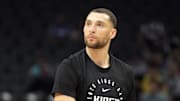 Apr 11, 2025; Sacramento, California, USA; Sacramento Kings guard Zach LaVine (8) before the game against the Los Angeles Clippers at Golden 1 Center. Mandatory Credit: Darren Yamashita-Imagn Images