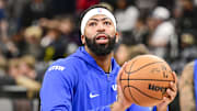 Oct 13, 2025; Salt Lake City, Utah, USA; Dallas Mavericks forward/center Anthony Davis (3) warms up before the game against the Utah Jazz at Delta Center. Mandatory Credit: Peter Creveling-Imagn Images
