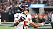 Sep 28, 2025; Paradise, Nevada, USA; Chicago Bears wide receiver Rome Odunze (15) celebrates a successful two point conversion against the Las Vegas Raiders at Allegiant Stadium. Mandatory Credit: Kiyoshi Mio-Imagn Images