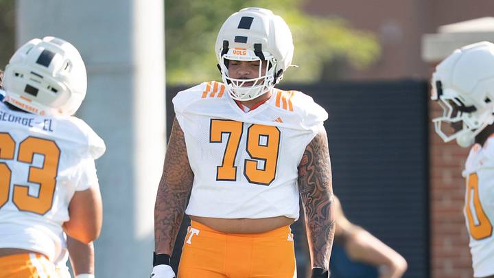 Tennessee offensive lineman Gabriel Osenda (79) during Tennessee football’s first preseason practice in Knoxville, Tennessee, Aug. 5, 2026.