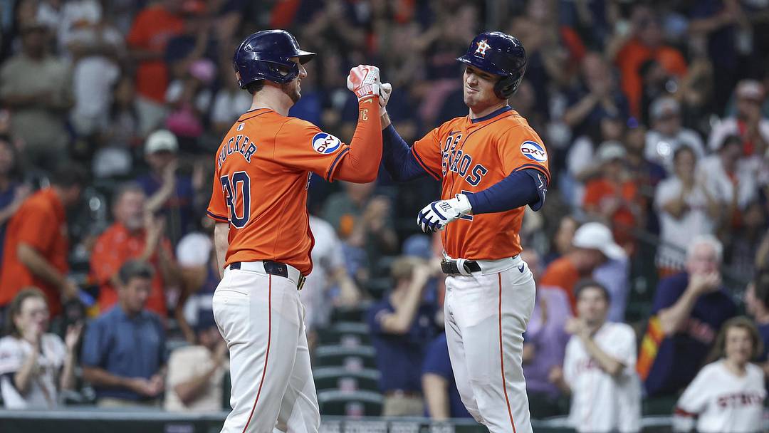 Sep 20, 2024; Houston, Texas, USA; Houston Astros third baseman Alex Bregman (2) celebrates with right fielder Kyle Tucker (30) after hitting a home run during the third inning at Minute Maid Park. Mandatory Credit: Troy Taormina-Imagn Images