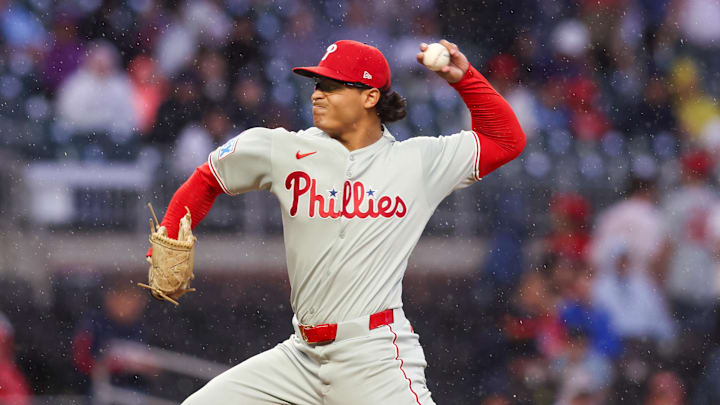 Apr 10, 2025; Atlanta, Georgia, USA; Philadelphia Phillies starting pitcher Jesus Luzardo (44) throws in a light rain against the Atlanta Braves in the second inning at Truist Park. Apr 10, 2025; Atlanta, Georgia, USA; Philadelphia Phillies starting pitcher Jesus Luzardo (44) throws in a light rain against the Atlanta Braves in the second inning at Truist Park.