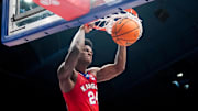 Mar 5, 2024; Lawrence, Kansas, USA; Kansas Jayhawks guard Kevin McCullar Jr. (15) dunks the ball against the Kansas State Wildcats during the second half at Allen Fieldhouse. Mandatory Credit: Denny Medley-USA TODAY Sports