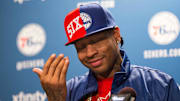 Apr 8, 2016; Philadelphia, PA, USA; Philadelphia 76ers legend Allen Iverson wipes tears away as he talks about his selection for enshrinement in the Naismith Memorial Basketball Hall of Fame as a member of the Class of 2016 during a press conference at Wells Fargo Center. Mandatory Credit: Bill Streicher-Imagn Images