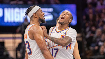 Nov 26, 2025; Sacramento, California, USA; Phoenix Suns guard Jamaree Bouyea (17) celebrates with guard Jordan Goodwin (23) after making a three point shot during the fourth quarter of the game against the Sacramento Kings at Golden 1 Center. Mandatory Credit: Ed Szczepanski-Imagn Images