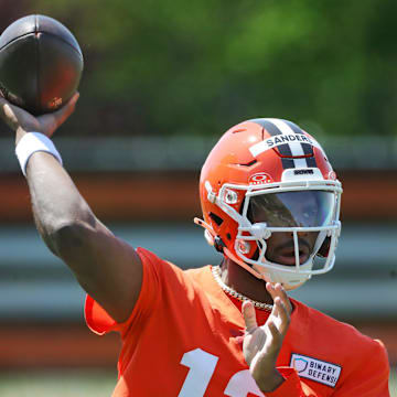 Cleveland Browns quarterback Shedeur Sanders (12) throws during day two of NFL rookie minicamp at the Cleveland Browns training facility on Saturday, May 10, 2025, in Berea, Ohio.