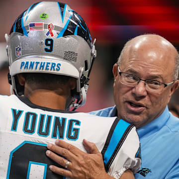 Sep 10, 2023; Atlanta, Georgia, USA; Carolina Panthers quarterback Bryce Young (9) hugs team owner David Tepper on the field prior to the game against the Atlanta Falcons at Mercedes-Benz Stadium.