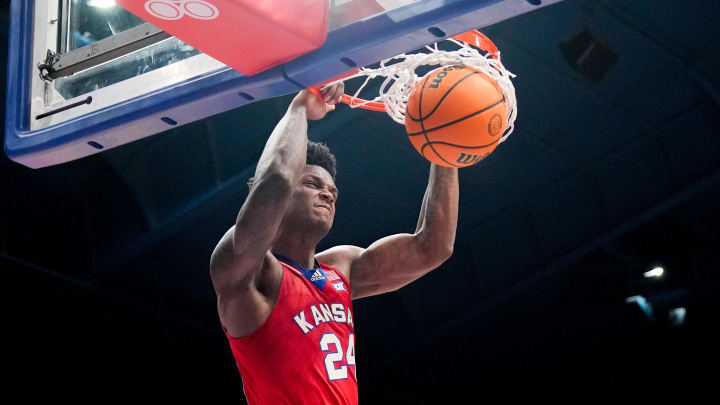 Mar 5, 2024; Lawrence, Kansas, USA; Kansas Jayhawks guard Kevin McCullar Jr. (15) dunks the ball against the Kansas State Wildcats during the second half at Allen Fieldhouse. Mandatory Credit: Denny Medley-USA TODAY Sports