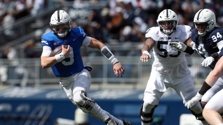 Penn State quarterback Beau Pribula runs with the ball during the fourth quarter of the Blue-White spring game at Beaver Stadium.