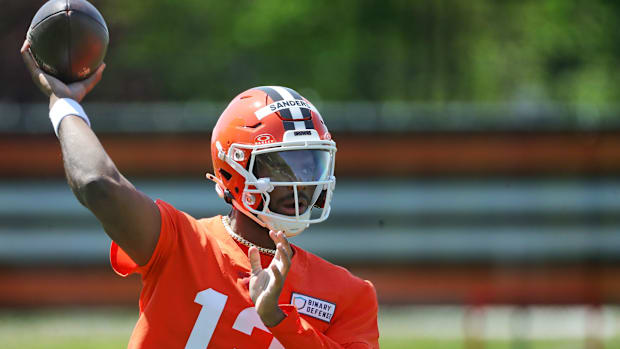 Cleveland Browns quarterback Shedeur Sanders (12) throws during day two of NFL rookie minicamp at the Cleveland Browns traini