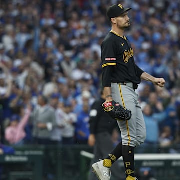 Jun 12, 2025; Chicago, Illinois, USA; Pittsburgh Pirates starting pitcher Andrew Heaney (45) reacts after giving up a two-run home run to Chicago Cubs center fielder Pete Crow-Armstrong during the fourth inning at Wrigley Field. Mandatory Credit: Kamil Krzaczynski-Imagn Images