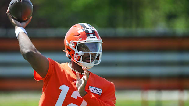 Cleveland Browns quarterback Shedeur Sanders (12) throws during day two of NFL rookie minicamp at the Cleveland Browns traini
