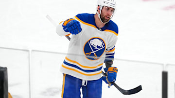 Jan 4, 2025; Las Vegas, Nevada, USA; Buffalo Sabres left wing Jason Zucker (17) celebrates after scoring a goal against the Vegas Golden Knights during the third period at T-Mobile Arena. Mandatory Credit: Stephen R. Sylvanie-Imagn Images