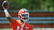 Cleveland Browns quarterback Shedeur Sanders throws during day two of NFL rookie minicamp at the Cleveland Browns training facility.