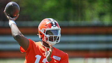 Cleveland Browns quarterback Shedeur Sanders throws during day two of NFL rookie minicamp at the Cleveland Browns training facility.