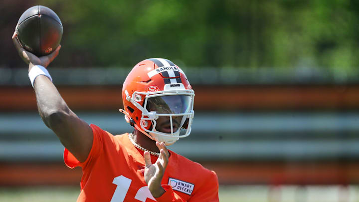 Cleveland Browns quarterback Shedeur Sanders throws during day two of NFL rookie minicamp at the Cleveland Browns training facility.