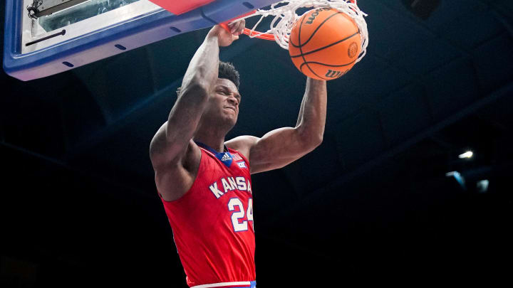 Mar 5, 2024; Lawrence, Kansas, USA; Kansas Jayhawks guard Kevin McCullar Jr. (15) dunks the ball against the Kansas State Wildcats during the second half at Allen Fieldhouse. Mandatory Credit: Denny Medley-USA TODAY Sports