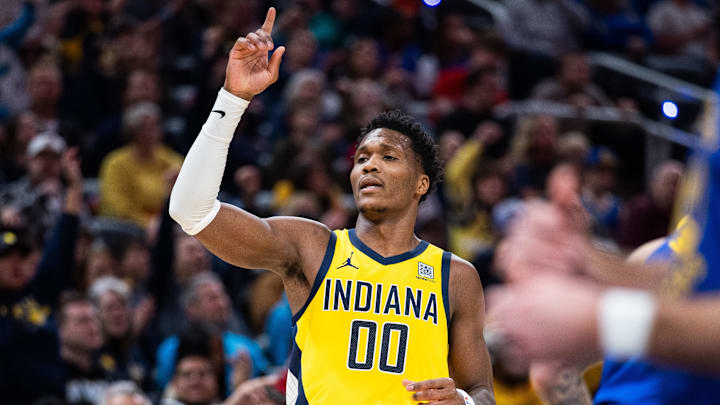 Jan 10, 2025; Indianapolis, Indiana, USA; Indiana Pacers guard Bennedict Mathurin (00) celebrates a made basket  in the second half against the Golden State Warriors at Gainbridge Fieldhouse. Mandatory Credit: Trevor Ruszkowski-Imagn Images