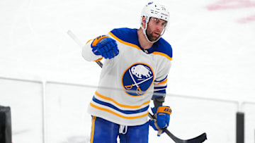 Jan 4, 2025; Las Vegas, Nevada, USA; Buffalo Sabres left wing Jason Zucker (17) celebrates after scoring a goal against the Vegas Golden Knights during the third period at T-Mobile Arena. Mandatory Credit: Stephen R. Sylvanie-Imagn Images