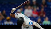 Miami, Florida, USA; Miami Marlins second baseman Javier Sanoja (46) throws his bat after his at-bat against the Colorado Rockies during the sixth inning at loanDepot Park.