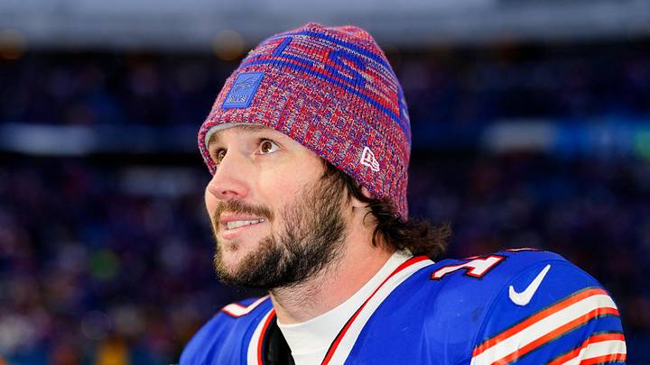 Dec 7, 2025; Orchard Park, New York, USA; Buffalo Bills quarterback Josh Allen (17) is interviewed after the game against the Cincinnati Bengals at Highmark Stadium. Mandatory Credit: Gregory Fisher-Imagn Images