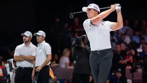 Billy Horschel of Atlanta Drive GC tees off against the New York Golf Club in the TGL finals in March 2025.