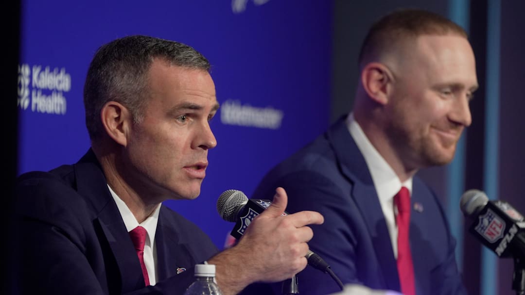 Brandon Beane, president of football operations and general manager for the Buffalo BIlls, and head coach Joe Brady take turns answering questions during a press conference that introduced Brady as the new head coach at the Bills field house in Orchard Park on Jan. 29, 2026.