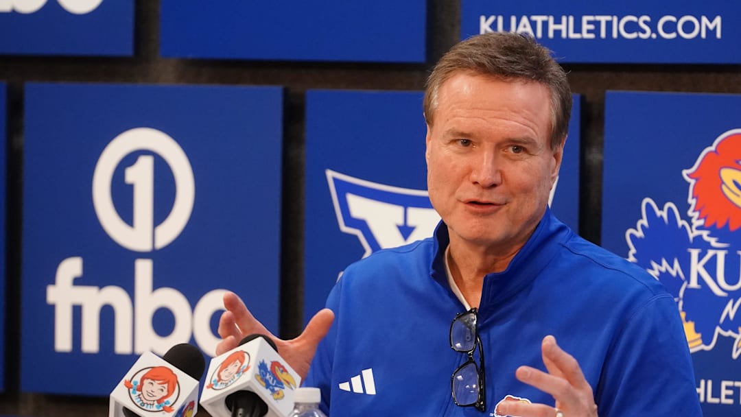 Kansas Jayhawks head coach Bill Self talks to media following the game against Houston Cougars inside Allen Fieldhouse on Monday, Feb. 23, 2026.