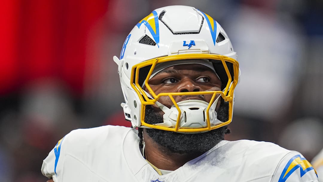 Los Angeles Chargers guard Jamaree Salyer (68) shown on the field before the game against the Atlanta Falcons at Mercedes-Benz Stadium. 