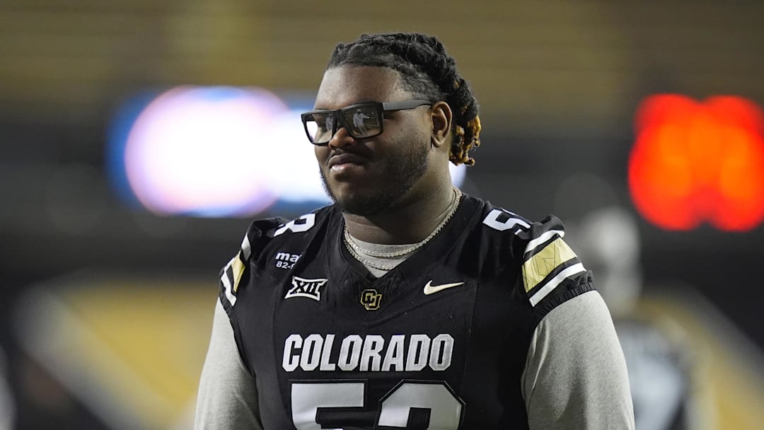 Nov 22, 2025; Boulder, Colorado, USA; Colorado Buffaloes offensive lineman Larry Johnson III (53) before the game against the Arizona State Sun Devils at Folsom Field. Mandatory Credit: Ron Chenoy-Imagn Images
