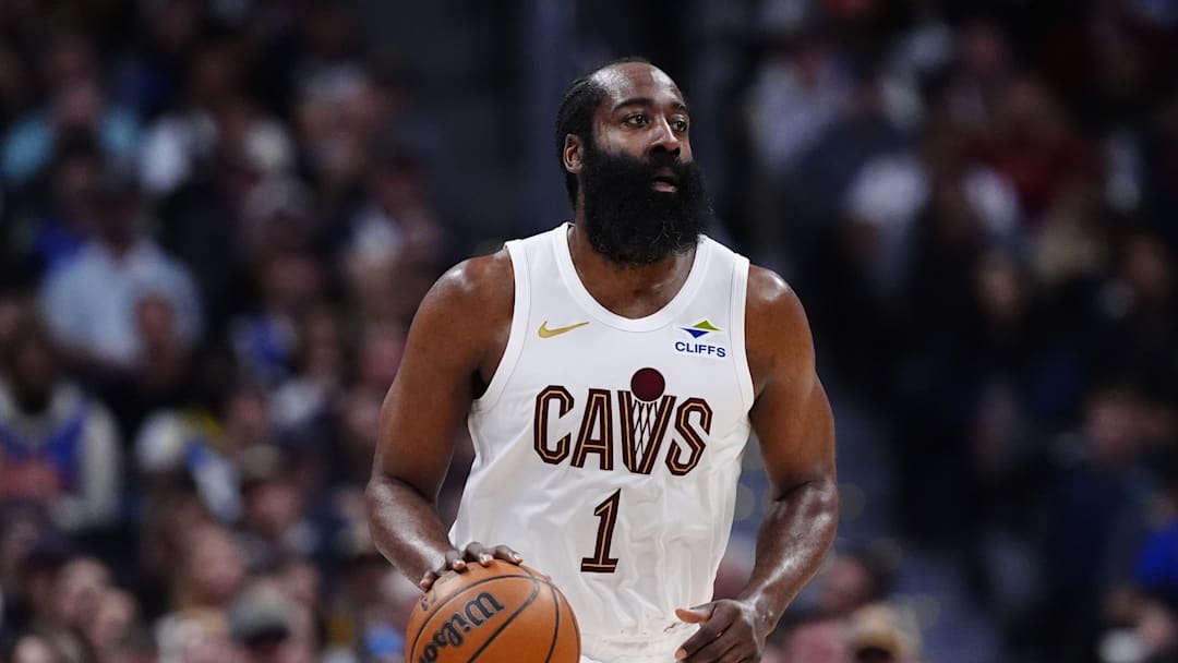 Feb 9, 2026; Denver, Colorado, USA; Cleveland Cavaliers guard James Harden (1)  during the second quarter against the Denver Nuggets at Ball Arena. Mandatory Credit: Ron Chenoy-Imagn Images