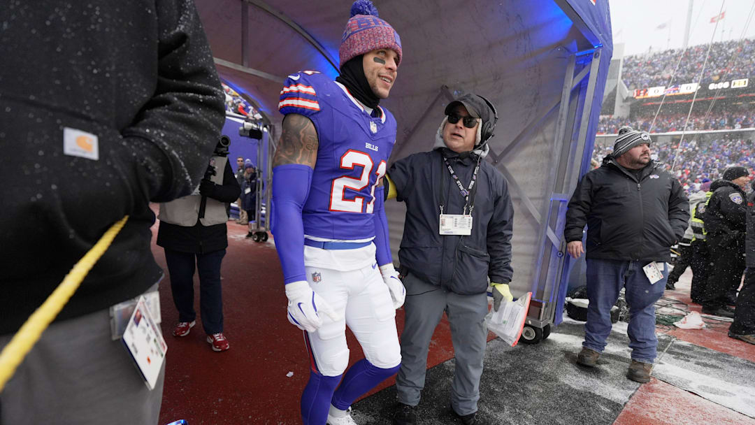 Buffalo Bills safety Jordan Poyer gets ready to run out onto the field after his name is announced during fteam introductions before their game against the Bengals at Highmark Stadium in Orchard Park on Dec. 7, 2025. Buffalo Bills safety Jordan Poyer gets ready to run out onto the field after his name is announced during fteam introductions before their game against the Bengals at Highmark Stadium in Orchard Park on Dec. 7, 2025.